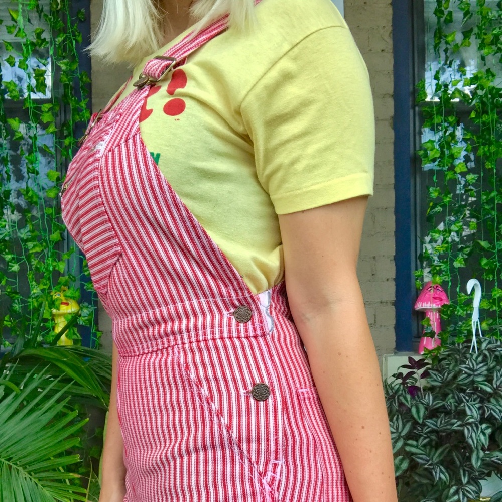 SOLD 70s red striped denim overalls flare jeans - Picture 4 of 7